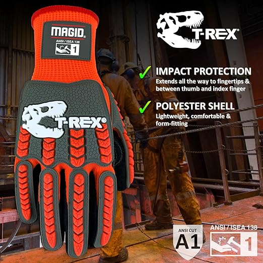 MAGID T-REX Flex Series Impact Gloves with Knuckle & Finger Protection, ANSI A1 Cut Resistant, Size 9/Large, NitriX Grip Work Gloves, 144 Pairs, TRX400