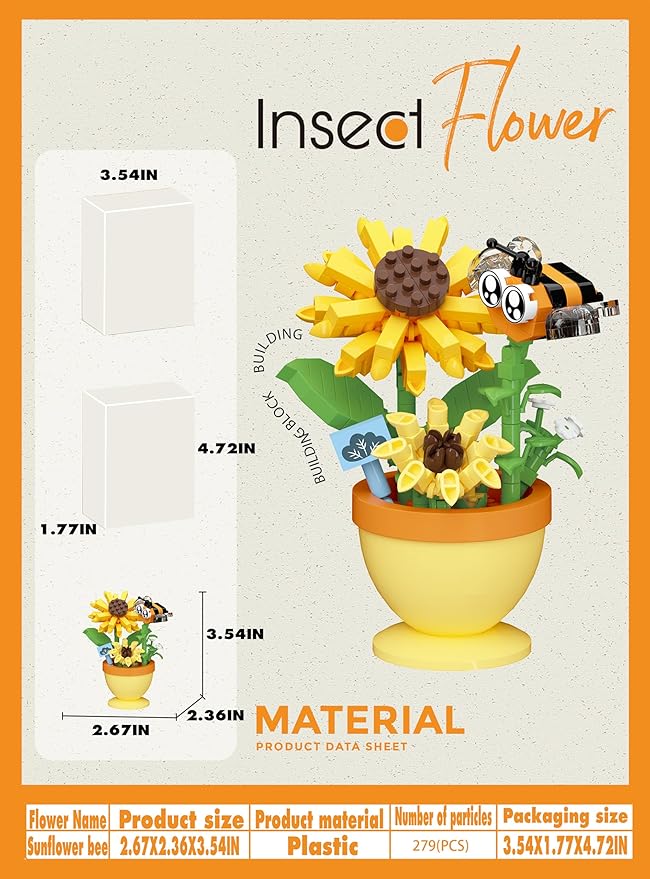 Sacblirr Mini Flower Bonsai with Cute Insects Sunflower bee - DIY Potted Plant Building Blocks for Kids and Adults, Botanical Collection Decor Toy