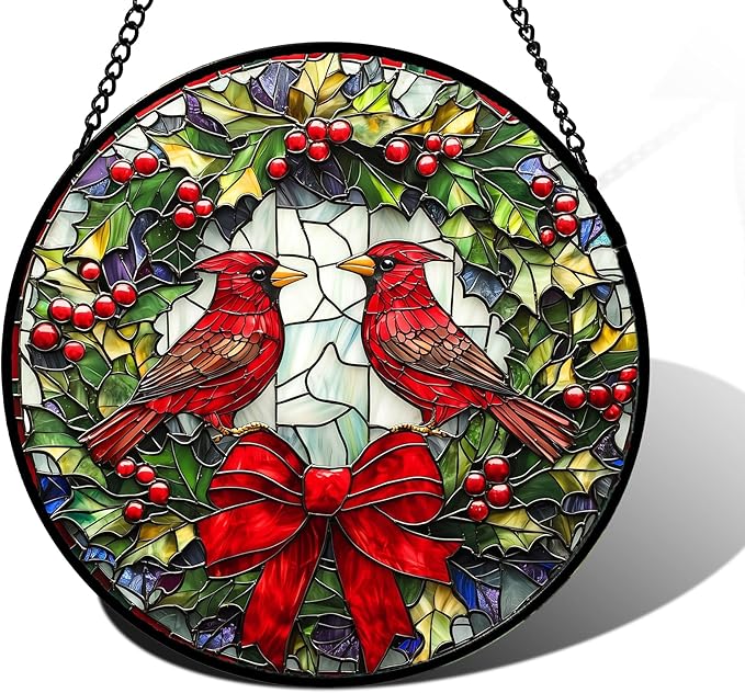 DASTOLL Stained Glass Window Hanging - Cardinals Green Wreath Suncatcher for Doors Home Christmas Decoration Red Bird Sun Catcher Thanksgiving New Year Birthday Gift for Women Men Mom Nana 6.3 in