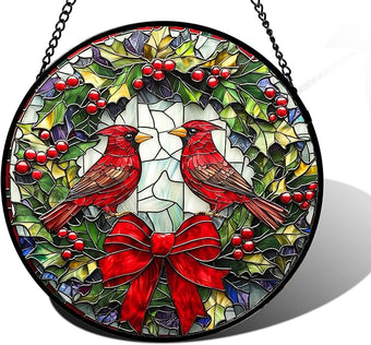 DASTOLL Stained Glass Window Hanging - Cardinals Green Wreath Suncatcher for Doors Home Christmas Decoration Red Bird Sun Catcher Thanksgiving New Year Birthday Gift for Women Men Mom Nana 9.8 in