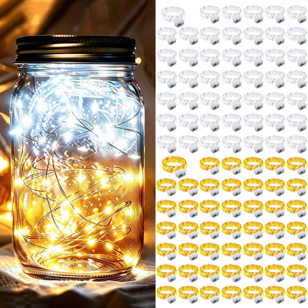 chzk 100 Pack Fairy Lights 7Ft 20 LED Twinkle String Lights 3 Modes Battery Operated Waterproof Firefly Starry for Mason Jar Party Wedding Christmas Valentines Day Table Centerpieces,Warm White+White