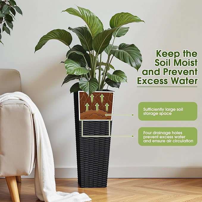 Devoko Resin Tall Planters for Outdoor Plants Set of 2, Large Taper Outdoor Planter Pots with 4 Drainage Holes, Flower Pots Modern Decor for Porch, Patio, Backyard, Home Garden (Black, 24")