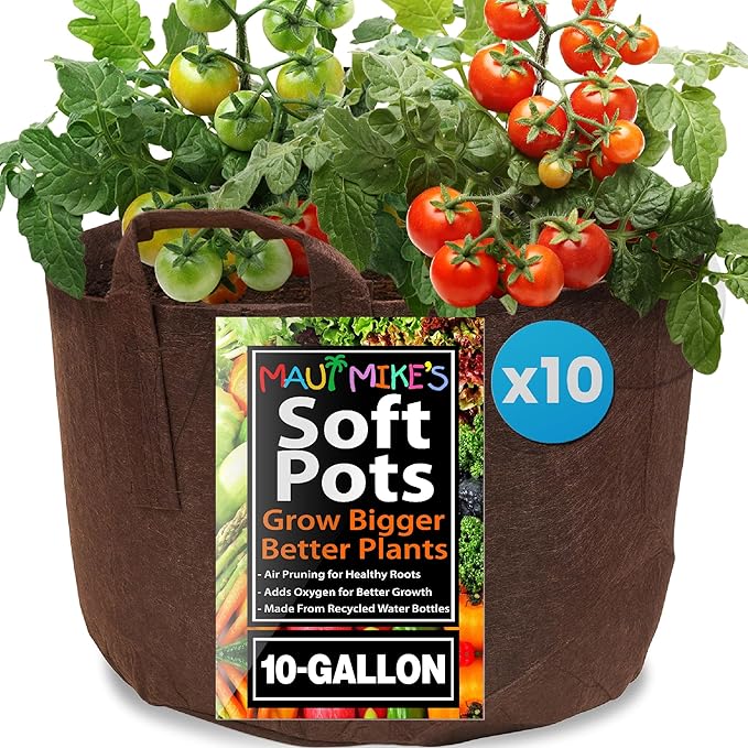 MAUI MIKE'S Root Pouch 10 Gallon/ 10 Pack Heavy Duty Grow Bag. Plant Fabric Pots with Handles. Grow Fabric Pots & Bags for Tomatoes,Vegetables and Flowers. Made from Recycled Water Bottles.