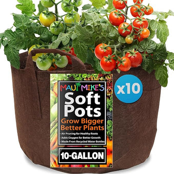 MAUI MIKE'S Root Pouch 10 Gallon/ 10 Pack Heavy Duty Grow Bag. Plant Fabric Pots with Handles. Grow Fabric Pots & Bags for Tomatoes,Vegetables and Flowers. Made from Recycled Water Bottles.