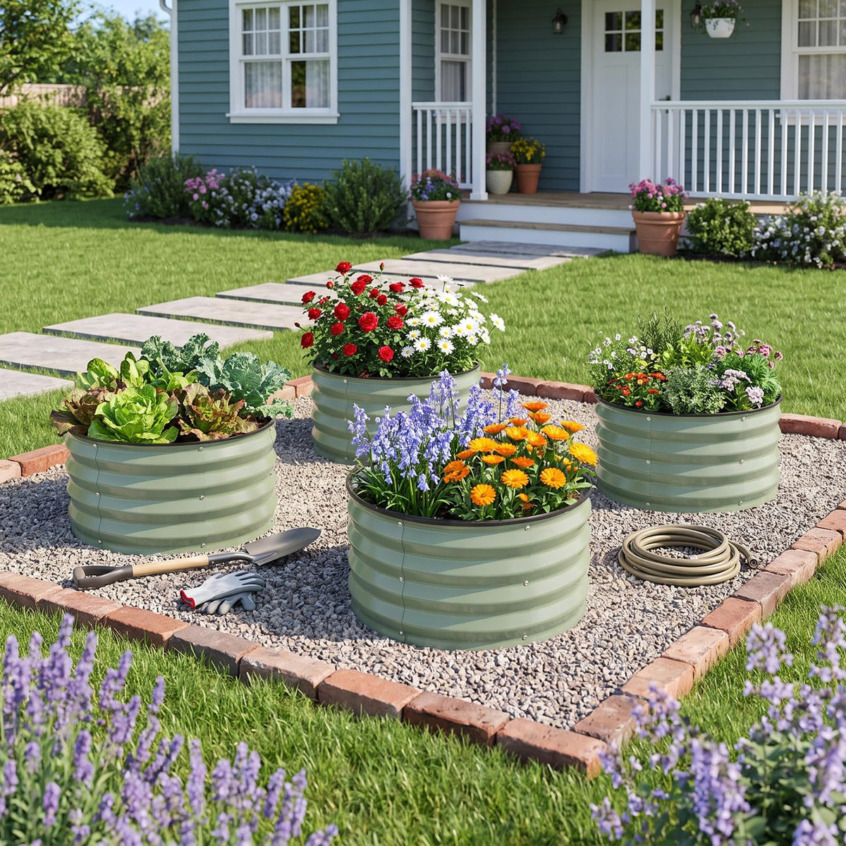 TECANA 3-Pack Round Raised Garden Bed Outdoor 2x2x1ft Planter Box, PeaGreen