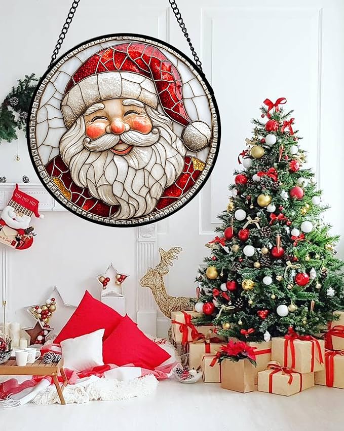 HWRHTR Stained Glass Window Hanging - Red White Santa Claus Suncatcher for Doors Home Christmas Decoration Winter Sun Catcher Thanksgiving New Year Birthday Gifts for Women Men Mom Nana Girl 11.8 in