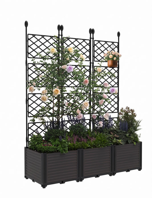 Patikuin 3-Section Sturdy Weather-Resistant Raised Garden Bed with Metal Trellis, Vertical Modular Planter Box & Privacy Screen for Climbing Plants, Vegetables, Flowers