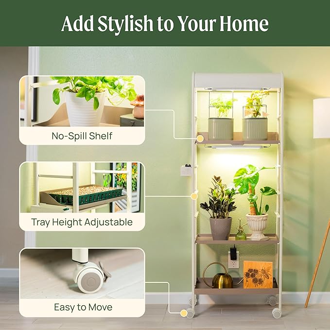 Vego garden 4 Tier Indoor Rolling Metal Corner Plant Stand with Grow Light, Full Spectrum LED Grow Light, Plant Rack for Seed Starting, Leafy, Herbs, Fruits & Microgreens