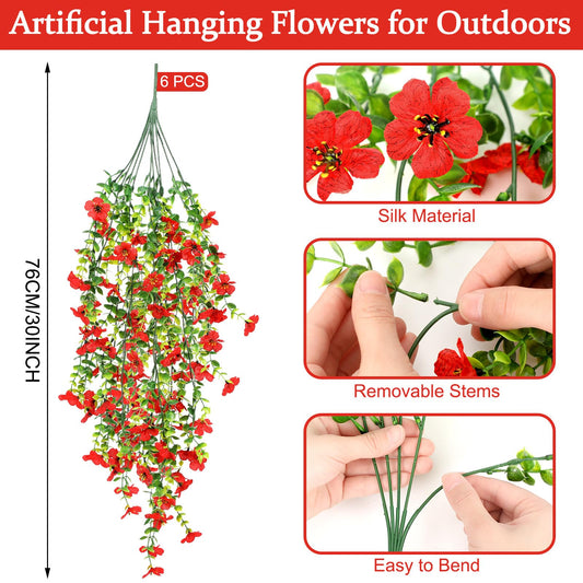 FineCheer 6 Pcs Fall Artificial Hanging Flowers Outdoor, Red