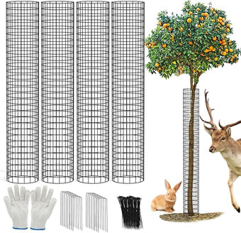 48" Metal Tree Trunk Guard, 4 Pack Mesh Protectors with Zip Ties, Glove & Metal Stakes - Protect Bark & Saplings from Mowers, Deer & Other Animals