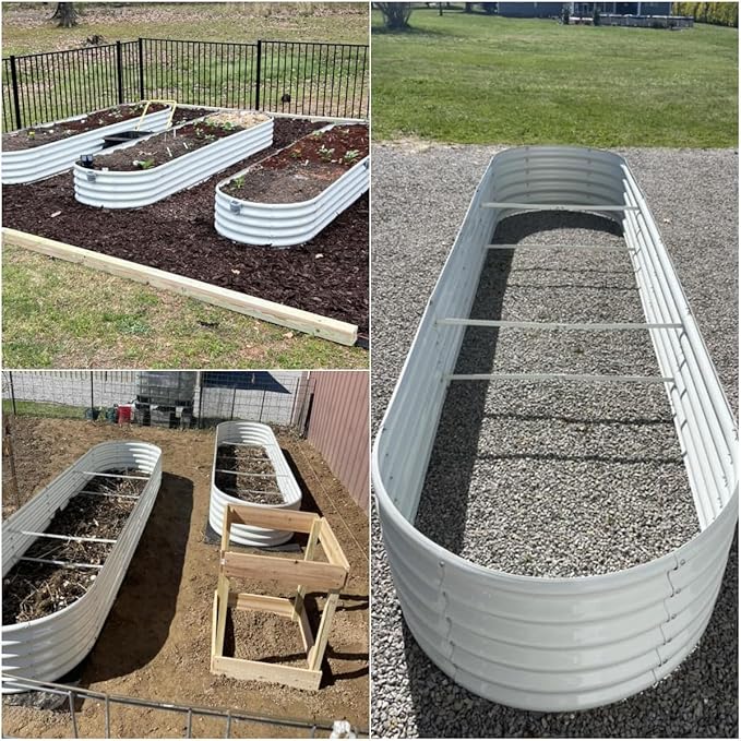 A ANLEOLIFE 3 Pcs 12X3X1.5 ft Oval Extra Large Galvanized Raised Garden Beds Outdoor for Planting Vegetables Flowers Herb, Antique White
