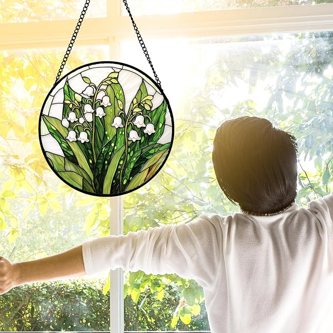DASTOLL Stained Glass Window Hanging, Lily of The Valley Flower Sun Catchers Colorful Glass Panel Green Plants Suncatcher Decor for Birthday for Women, Men,Wife, Lovers, and Mom 9.8 in