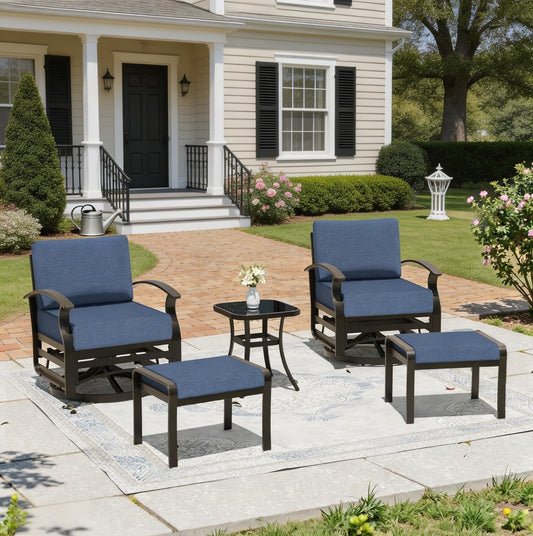 RTDTD 5 Piece Aluminum Swivel Rocking Chair Set, Outdoor Patio Swivel Gliders Chair with Coffee Table and Ottomans, Conversation Furniture Set Suitable for Patio, Lawn, Outdoor, Back Garden(Dark Blue)