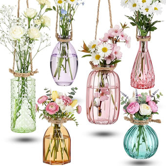 Teecyhooo 6 Pcs Stained Glass Hanging Vases Colorful Glass Terrariums with Rope Small Hanging Planters Pot Containers for Air Plants Flowers Garden Home Wedding Decor(Colorful Series)