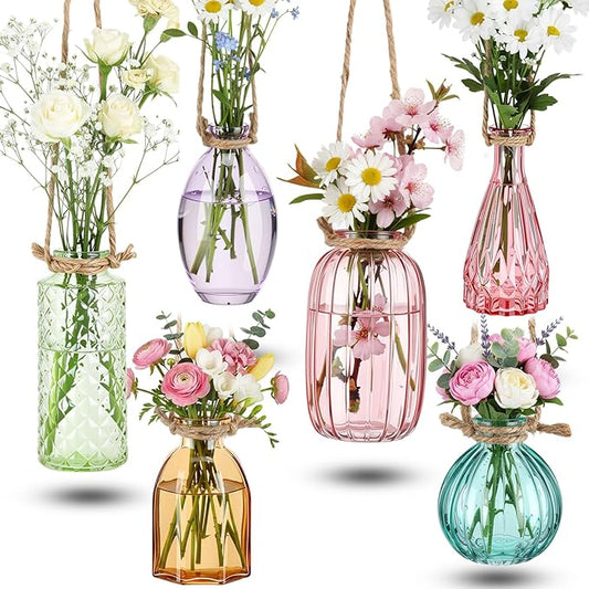 Teecyhooo 6 Pcs Stained Glass Hanging Vases Colorful Glass Terrariums with Rope Small Hanging Planters Pot Containers for Air Plants Flowers Garden Home Wedding Decor(Colorful Series)