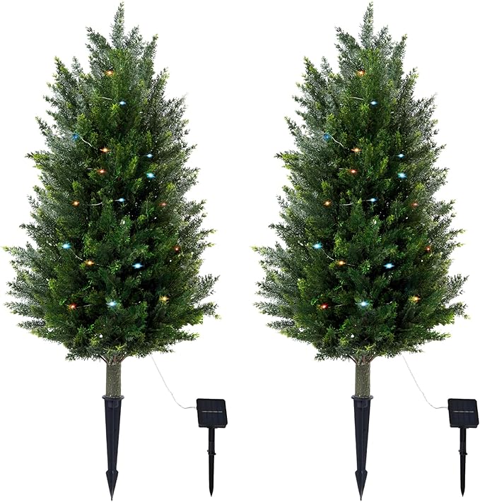 Pair Artificial Cedar Topiary Christmas Trees, 3ft UV-Resistant Faux Cypress shrubs w/Ground Spikes (Including Lights),Tall Evergreen Decorative Plants for Outdoor & Indoor Porch, Patio, and Garden