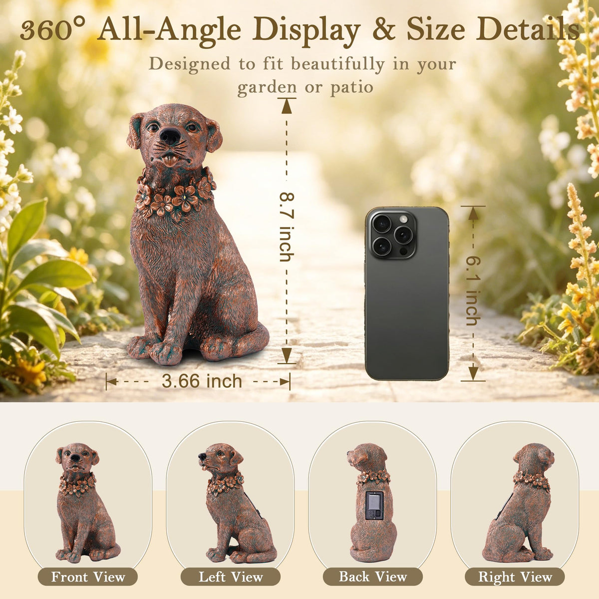 Nacome Dog Statue with Solar Flower Warm Lights Garden Decor