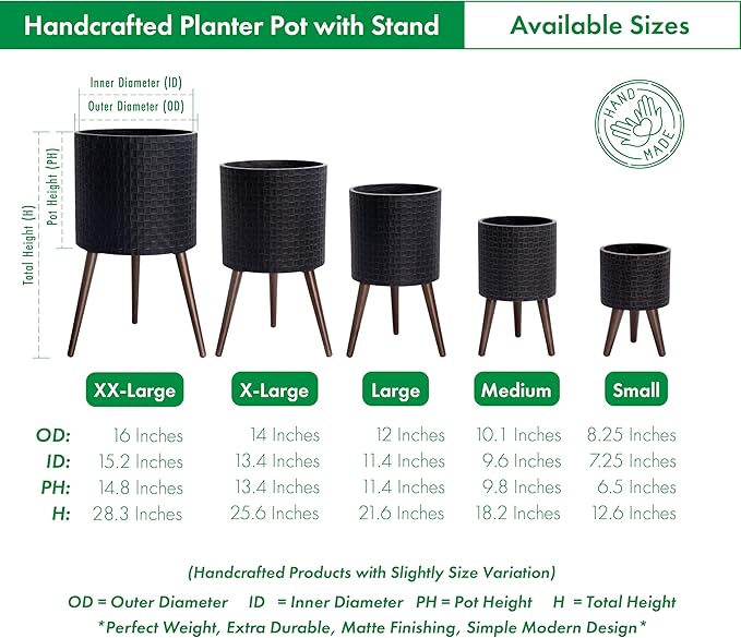 D'vine Dev 8 Inch Modern Geometric Tile Patterned Sleek Planter Pot with Stand, Indoor Outdoor Decorative Plant Holder, Distressed Black, 88-Z-A-5