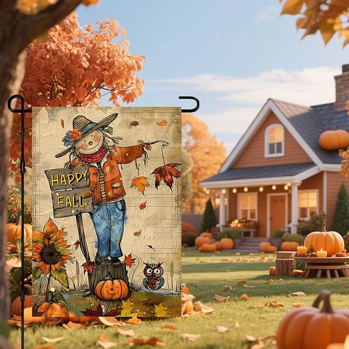 Happy Fall Garden Flag Scarecrow Owl Flag Sunflowers Autumn Leaves Rustic Harvest Season Decor Farmhouse Style 12x18 Inch Double Sided For Front Porch Lawn Patio Seasonal Home Decoration