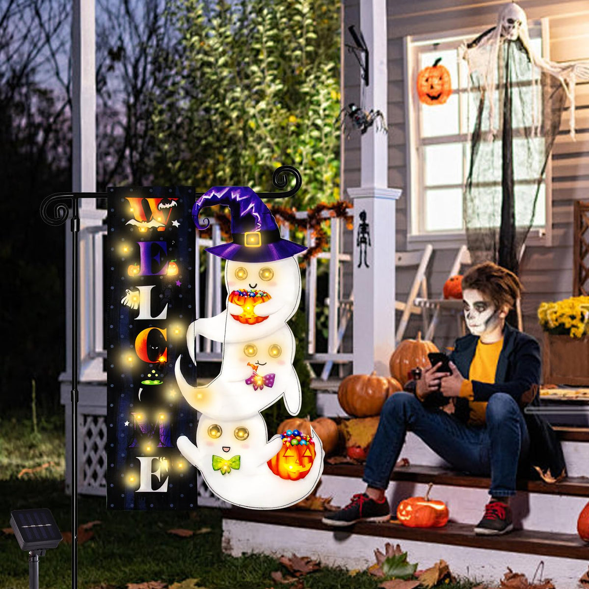 FLAGMESAGE Halloween Lighted Garden Flag, Ghost Yard Decor, 12x18 In