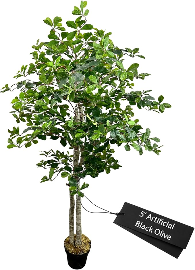 Cypress & Alabaster Handmade 5ft Italian Black Olive Leaf Artificial Tree with Ethically Sourced Real Wood Trunks, Hypoallergenic, 5-Foot, Green