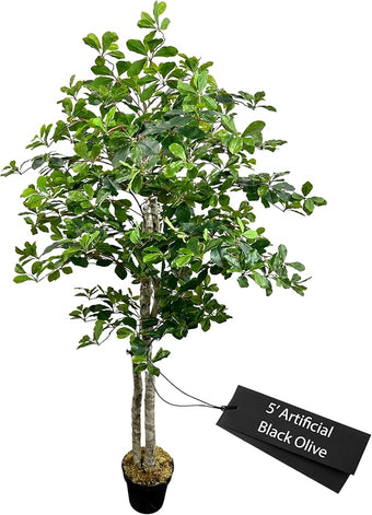 Cypress & Alabaster Handmade 5ft Italian Black Olive Leaf Artificial Tree with Ethically Sourced Real Wood Trunks, Hypoallergenic, 5-Foot, Green