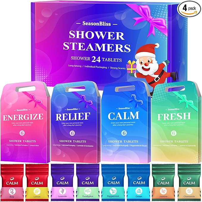 SeasonBliss Shower Steamers 24 Pack, Shower Tablets, Natural Ingredients, 8 Different Scents, Individually Wrapped Shower Steamer, Christmas Presents for Mom, Friends