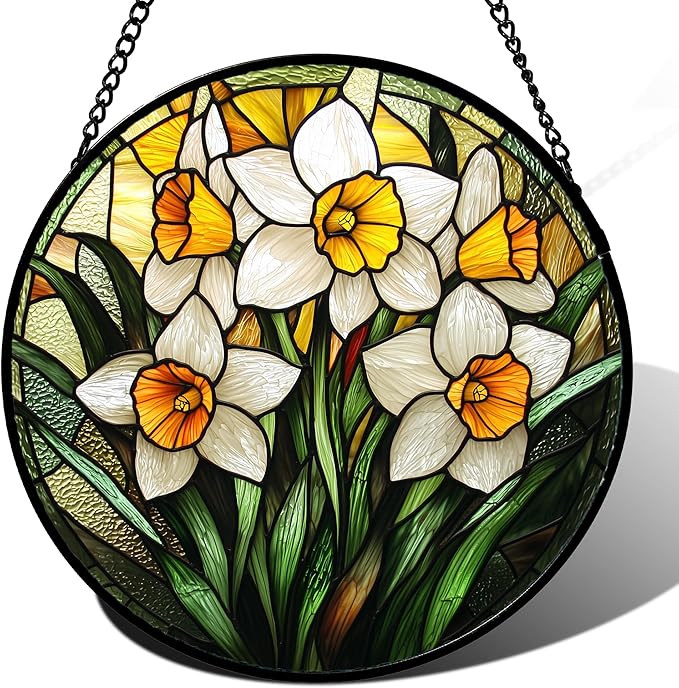 AMDERVEN Stained Glass Window Hanging, Yellow and White Daffodils Sun Catcher for Door Home Decor Plants Flowers Suncatcher Christmas Mother's Day Birthday Gifts for Women Men Mom Nana 15 in