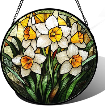 AMDERVEN Stained Glass Window Hanging, Yellow and White Daffodils Sun Catcher for Door Home Decor Plants Flowers Suncatcher Christmas Mother's Day Birthday Gifts for Women Men Mom Nana 15 in