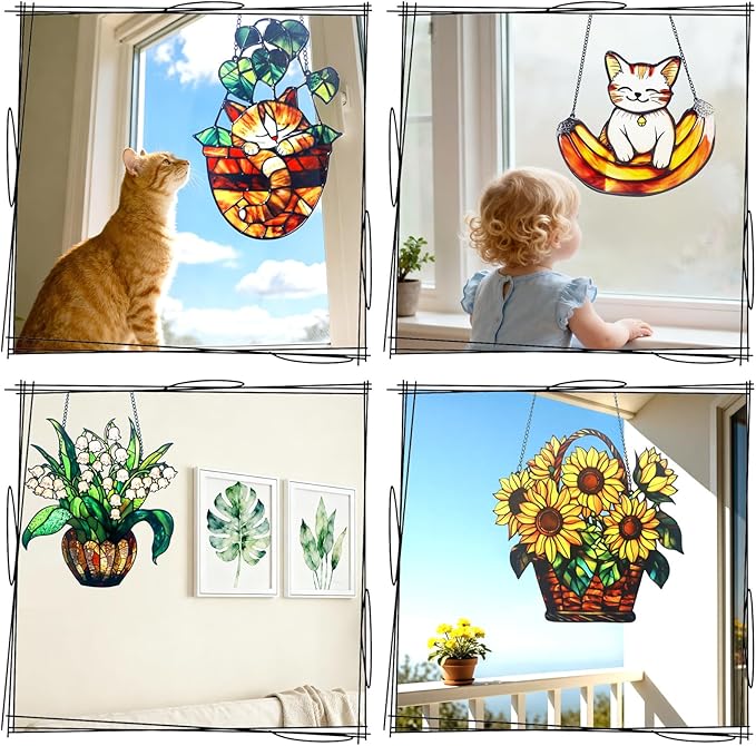 Acrylic Hanging Cat in Flowerpot for Window Doors Home Decoration，Sun Catchers for Windows Hanging，Valentine's Day Mother's Day Birthday Gifts (TYU737)