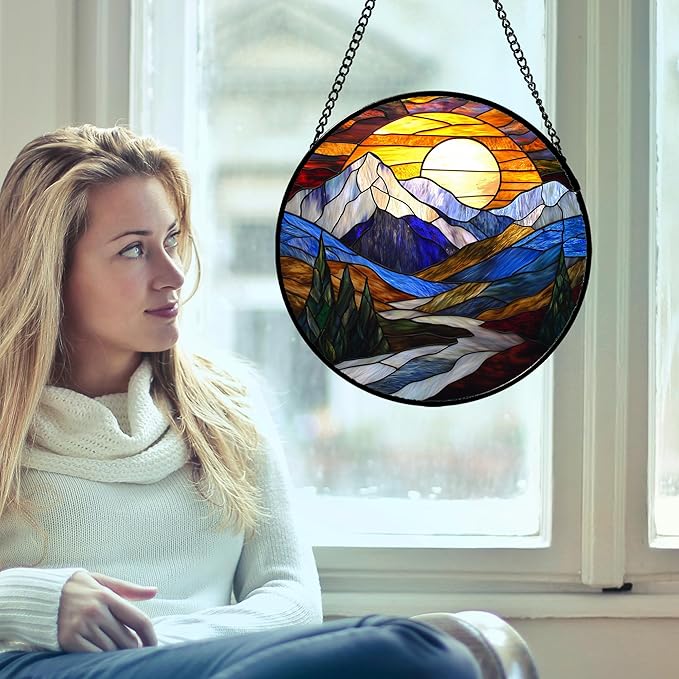 Stained Glass Window Hanging, Yellow Blue Sunset Mountains Scenery Sun Catcher for Window Home Decor Landscape Suncatcher Mother's Day Birthday Gifts for Women Men Mom and Nana 7.8 in