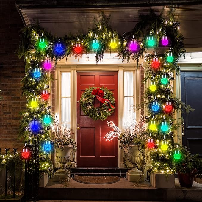 Solar Lights Outdoor Hanging Decorative Globe 24 Pack, Waterproof Solar Lantern with Handle and Clip, Solar Powered Glass Ball Lights for Garden Yard Fence Tree Umbrella Holiday Décor, Color Changing