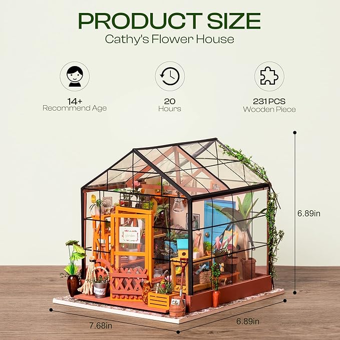ROBOTIME DIY Miniature House Kit Mini Green House Tiny Dollhouse Wooden Furniture Kit with LED Halloween/Christmas/Birthday Gifts for Adults (Cathy's Greenhouse)