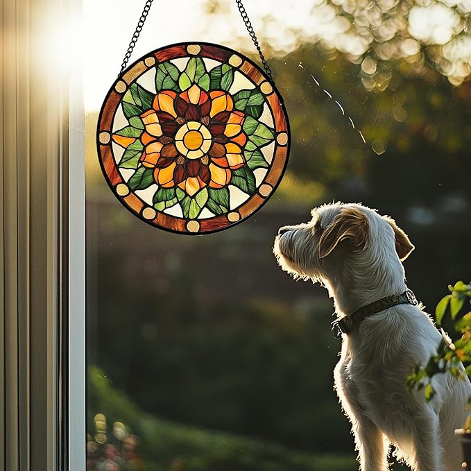 AMDERVEN Stained Glass Window Hanging - Yellow Green Boho Style Flowers Sun Catcher for Door Garden Home Decor Suncatcher Christmas Mother's Day Birthday Gifts for Women Mom Girl Nana Friend 6.3 in