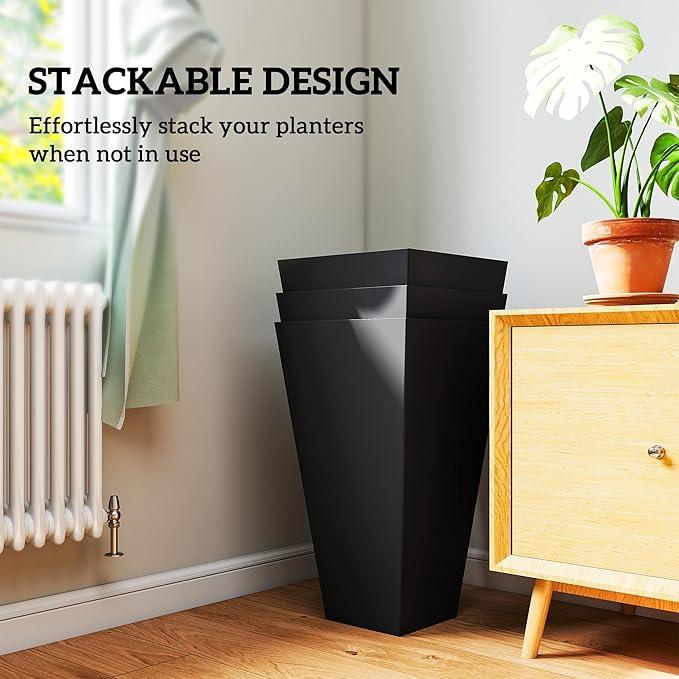 Outsunny Tall Planters for Outdoor Plants Set of 3, 28 in Taper Planters with Drainage Holes, Indoor Grande Plant Pots, Front Porch Decor (Black)