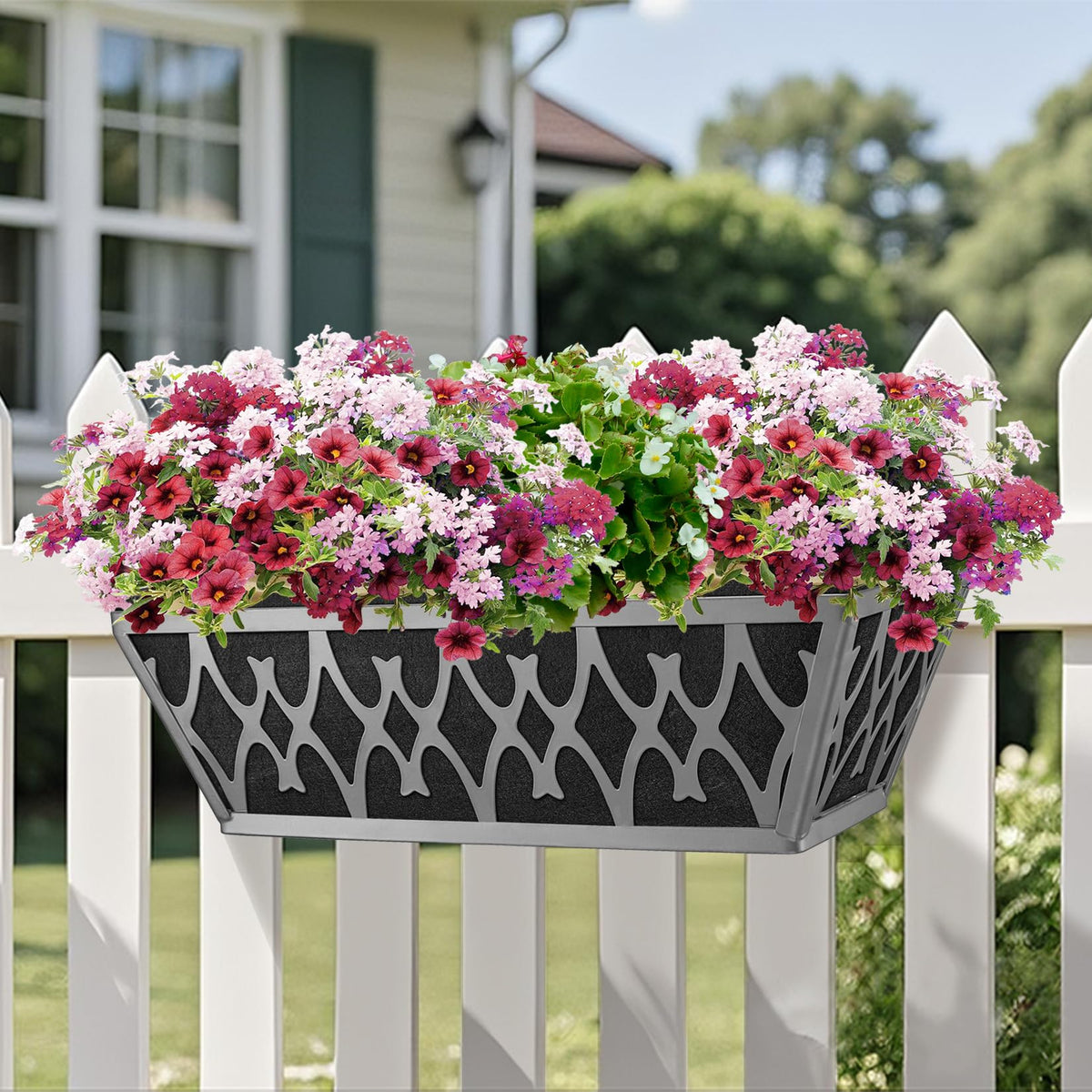Karlliu 2 Pack 16 Inch Window Boxes Planters Railing Planter Box with Adjustable Brackets & Non-Woven Fabric Plant Grow Bags Deck Railing Planter Boxes Balcony Hanging Flower Box for Outdoor Plants
