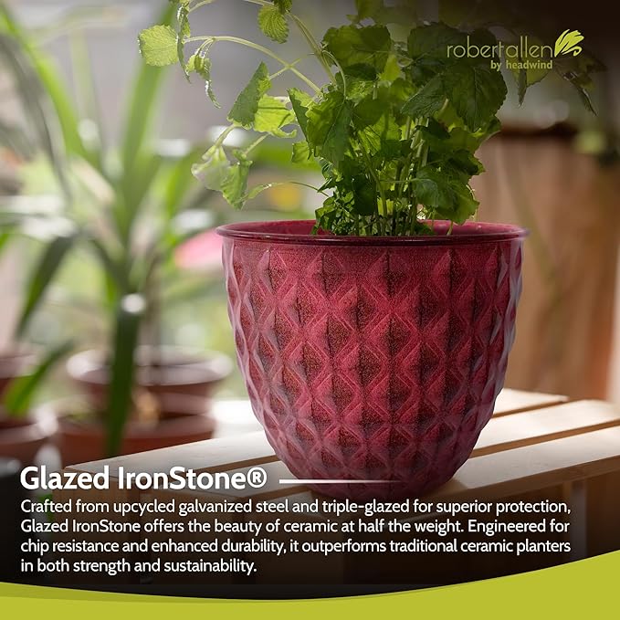 Headwind Glazed Ironstone Diamonte Collection – Crimson Red 8-Inch Decorative Plant Pot, Indoor & Outdoor, Vintage Diamond-Textured, Lightweight & Weather-Resistant for Garden Use by Robert Allen