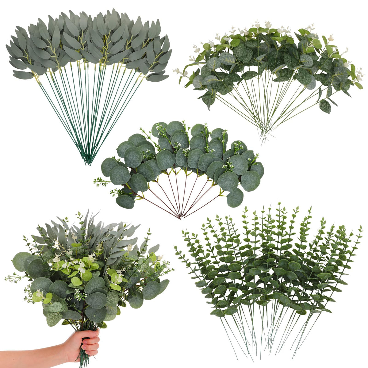 Ovveroche Artificial Eucalyptus Stems Bulk - 4 Kinds Mixed Realistic Greenery with Bendable Stems, Waterproof Silver Dollar Silk Eucalyptus for Wedding Bouquet, Floral Arrangement, Vase Home Decor