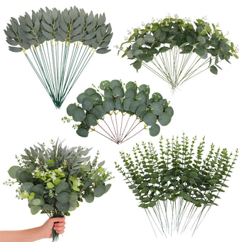 Ovveroche Artificial Eucalyptus Stems Bulk - 4 Kinds Mixed Realistic Greenery with Bendable Stems, Waterproof Silver Dollar Silk Eucalyptus for Wedding Bouquet, Floral Arrangement, Vase Home Decor