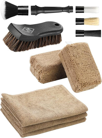 Fantasticlean 9PCS Car Interior Detailing Set, Microfiber Cloth & Applicator, Double-Head Detailing Brushes, Natural Bristles, Scratch-Free, Ultra-Soft for Seats Leather Care or Cleaning