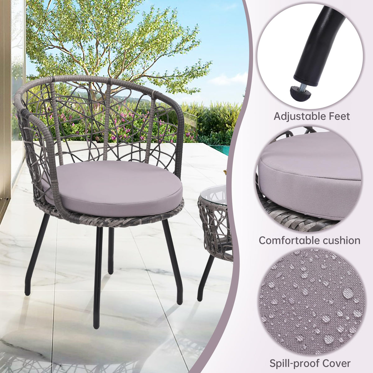 Kromax 3-Piece Patio Modern Bistro Set, Grey/Grey