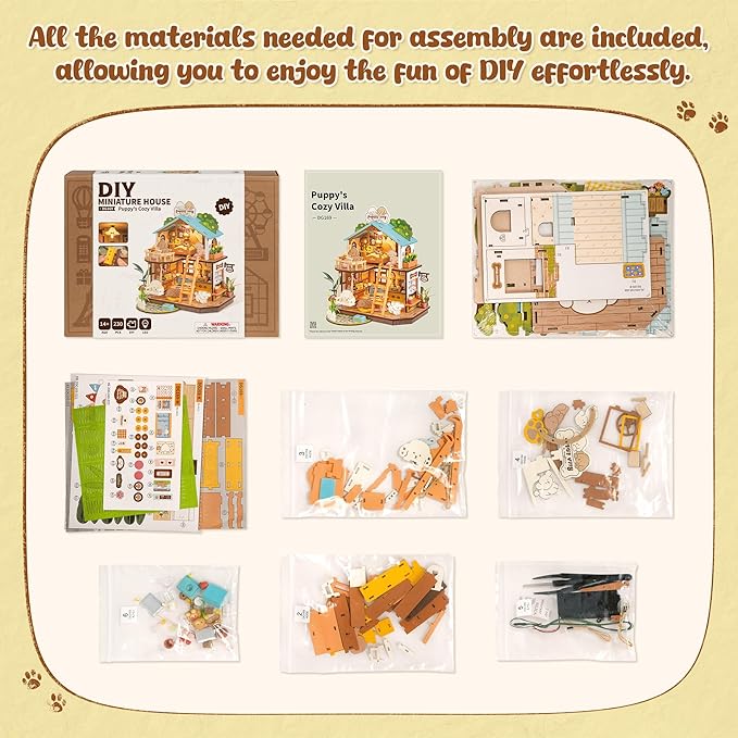 ROBOTIME DIY Miniature House Kit, Mini Wooden Dollhouse Diorama Model, Tiny House Building Kits,Birthday Christmas Craft Hobbies Gift for Teens Kids and Friends（Puppy's Cozy Villa）