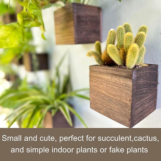 LaLaGreen Wood Planter Boxes for Plants (4x4 Inch, 8 Pack) Small Square Wall Mounted Planters for Indoor Plant, Herb Wooden Box Hanging Flower Pot Plant Holder Outdoor Fence Vertical Garden Home Decor