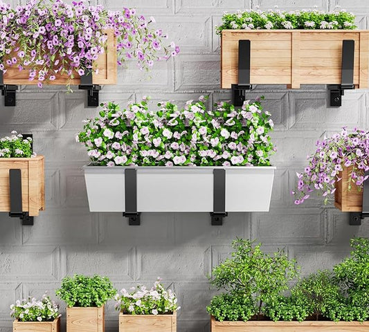 Y&M 6 PCS Adjustable Window Box Brackets for Planter Box, Heavy Duty Wall Mounted Hooks Hangers for Flower Baskets Holder Durable Brackets for Fence Patio Garden Balcony
