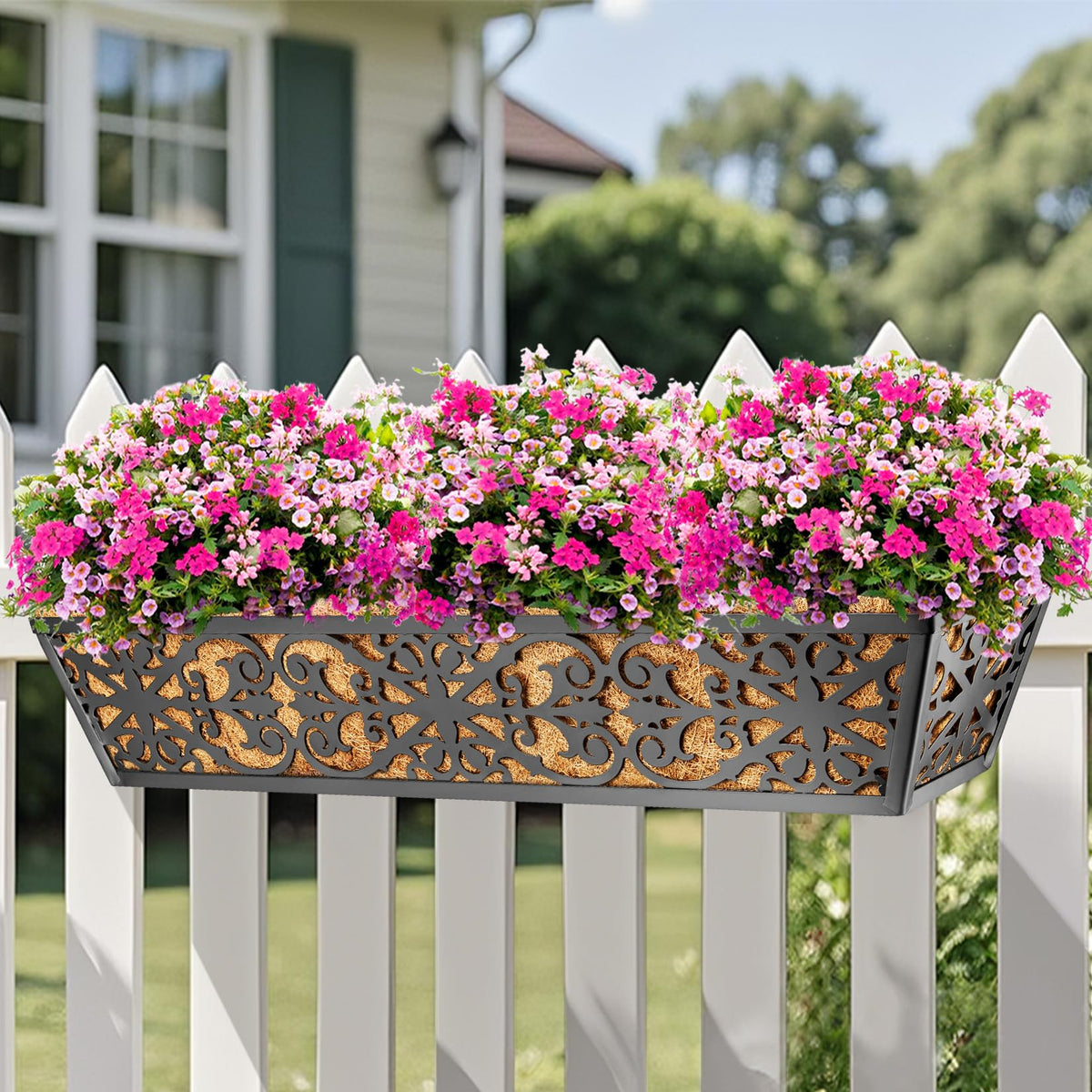 Karlliu 2 Pack 30 Inch Window Boxes Planters Railing Planter Box with Adjustable Brackets & Coco Liners Fabric Plant Grow Bags Deck Railing Planter Boxes Balcony Hanging Flower Box for Outdoor Plants