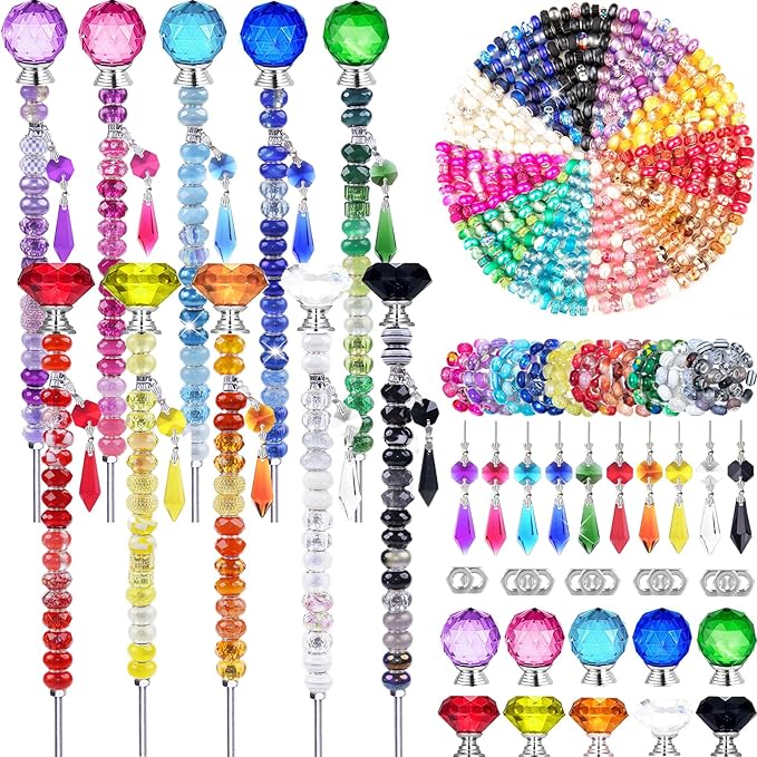 300 Pcs DIY Fairy Wand Beaded Garden Stakes Kit, Fairy Wands Garden Kit Colorful Large Hole Bead with Pendants Crystal Stopper Top Threaded Rod Beaded Garden Stakes Supplies for Outdoor Decorative