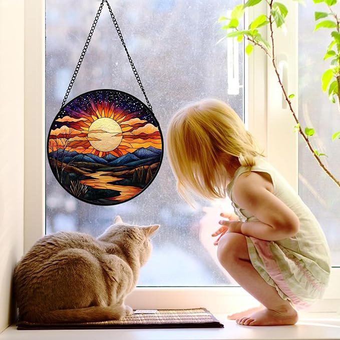 DASTOLL Stained Glass Window Hanging, The Sun Shines Brightly on Lake Sun Catchers Colorful Glass Panel Suncatcher Decor for Birthday for Women, Men, Wife, Lovers, and Mom 9.8 in