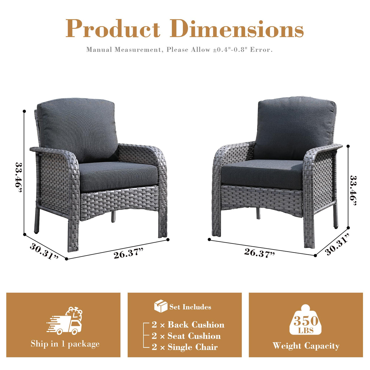ORMONO 2 Pieces Patio Furniture Set, Two Single Chair Outdoor Furniture, All-Weather Rattan Wicker High Back Conversation Set of 2 for Small Space Porch, Backyard, Balcony, Black