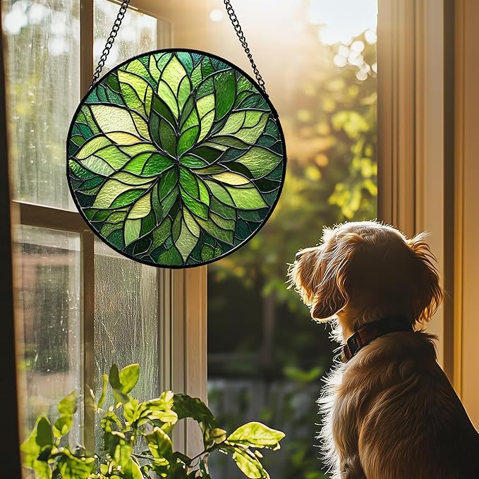 HWRHTR Stained Glass Window Hanging - Green Gradient Flowers Suncatcher for Doors Window Home Plant Sun Catchers Decor Christmas Mother's Day Birthday Gifts for Teacher Women Men Mom Nana 6.3 in
