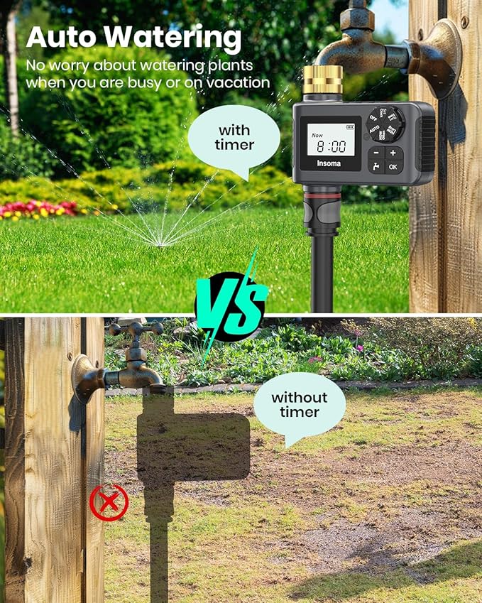 Insoma Water Timer for Garden Hose with Brass Inlet & Outlet, Hose Timer with AUTO/Manual/Rain Delay Mode, Outdoor Sprinkler Timers for Automatic Drip Irrigation System Yard Lawn Watering, 1 Outlet